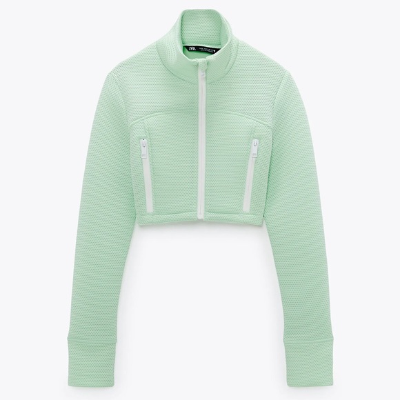 Zara Jackets & Blazers - Zara Seafoam Green High-Neck Lightweight Cropped Jacket w/ Perforated Fabric NWT
